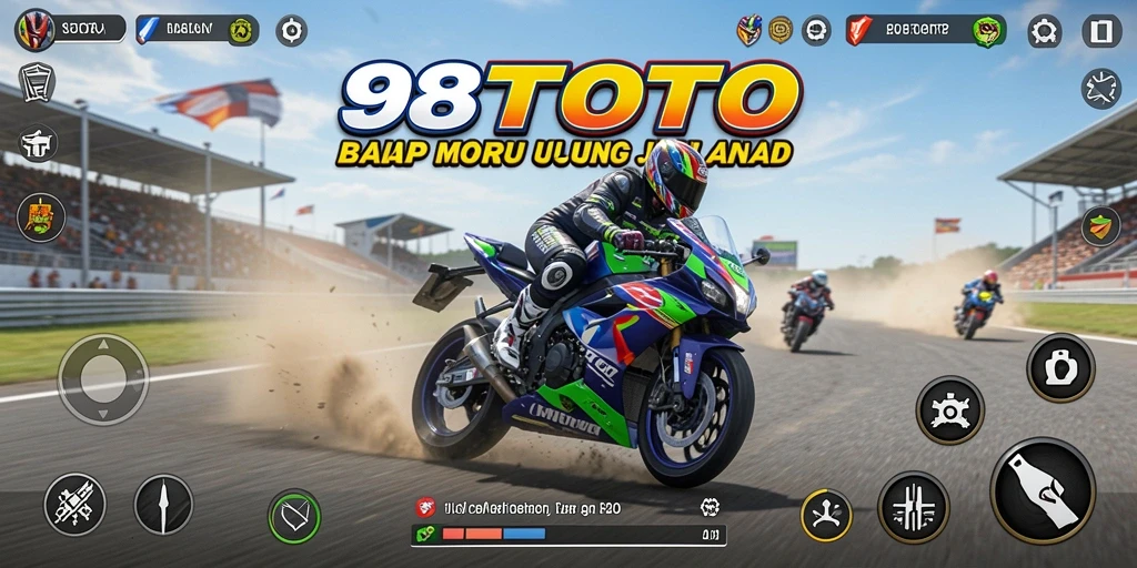 Screenshot gameplay 98TOTO menampilkan balapan motor yang mendebarkan.