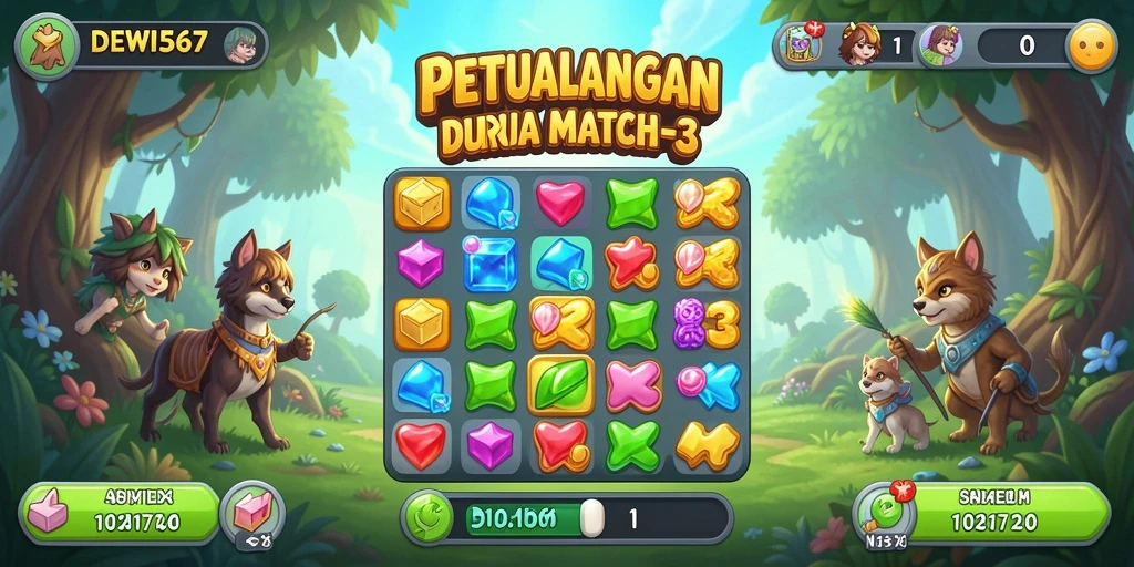 Tangkapan layar DEWI567 menunjukkan gameplay Match-3 yang mengasyikkan dan penuh warna.