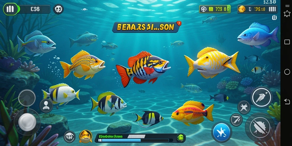 Tampilan gameplay EZ338 yang menarik dengan berbagai ikan berwarna-warni.