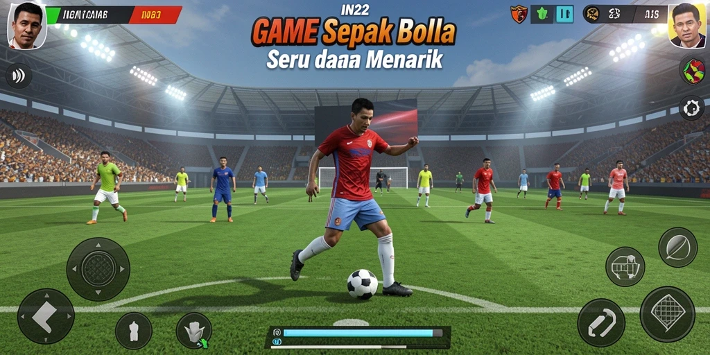 Tampilan gameplay IN22 dengan aksi sepak bola yang seru.