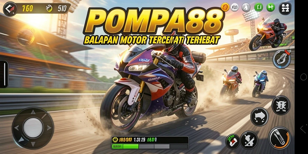 Screenshot utama gameplay POMPA88 menampilkan balapan motor yang intens dan mendebarkan.