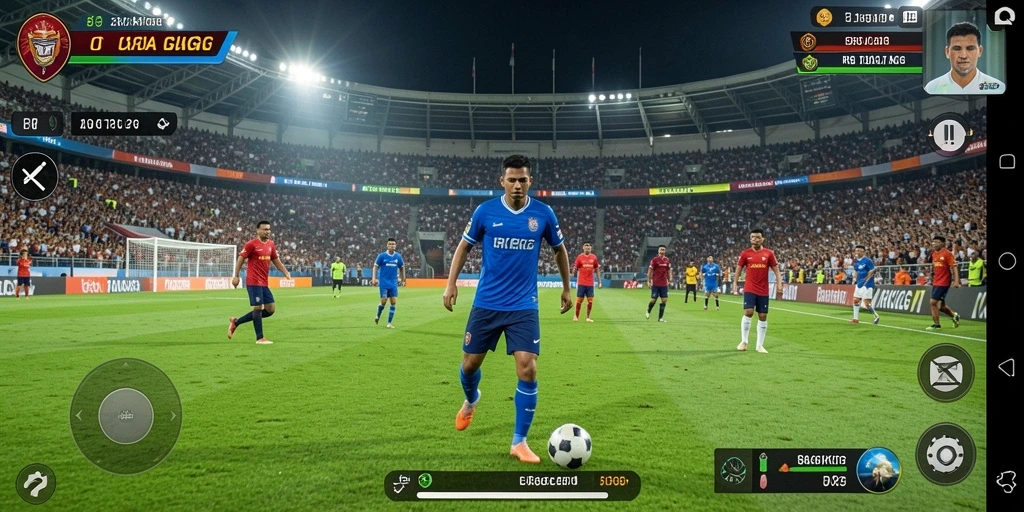 Screenshot menampilkan gameplay sepak bola yang seru dan mendebarkan.